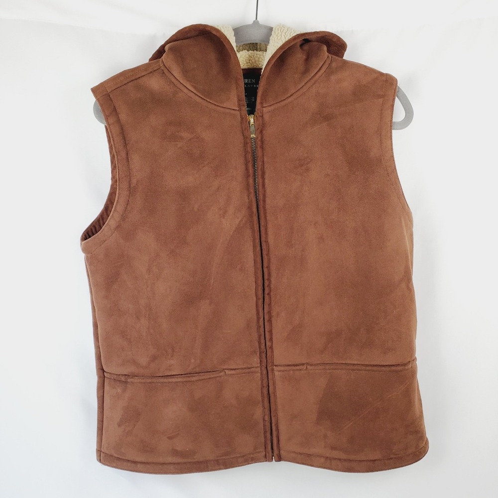 Lauren Ralph Lauren Faux Suede Sherpa Lined Hooded Vest Full Zip Pockets LARGE
